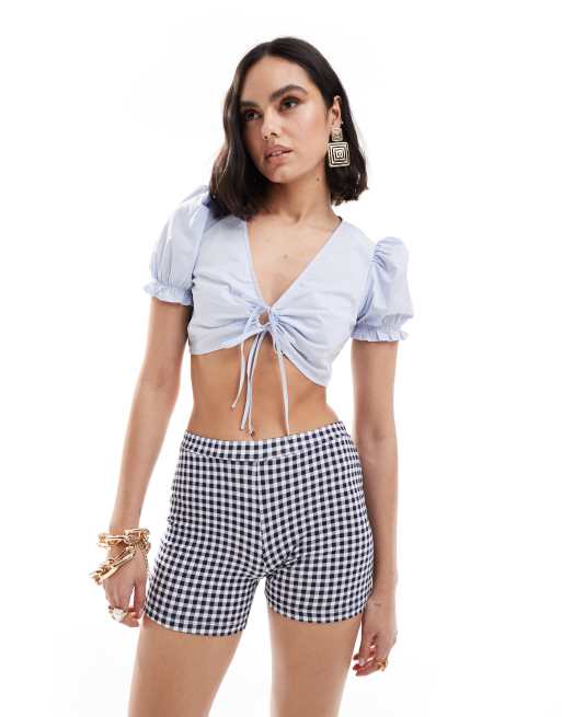 Bershka - Top en coton noué devant avec manches bouffantes - Bleu pâle