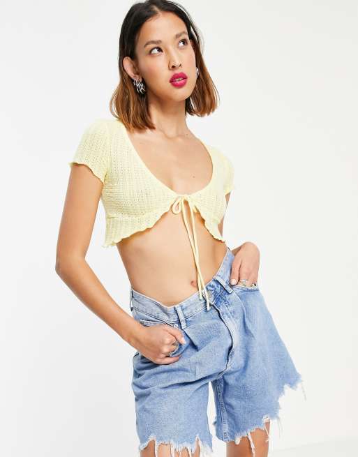 Bershka - Top en maille avec liens à nouer - Jaune, 3 de 4