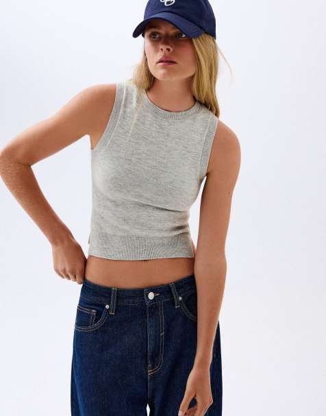 Bershka top en maille sans manches gris clair - view 1