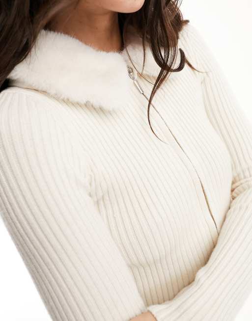 Bershka - Top en maille zippé à col en fausse fourrure - Sable, 4 de 4