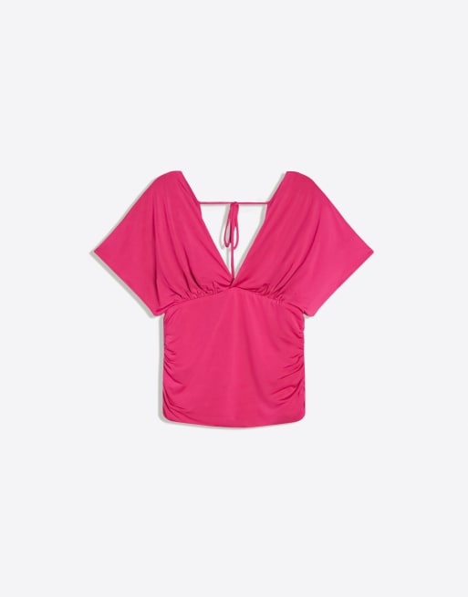 Bershka - Top froncé à col V - Rose vif, 4 de 4