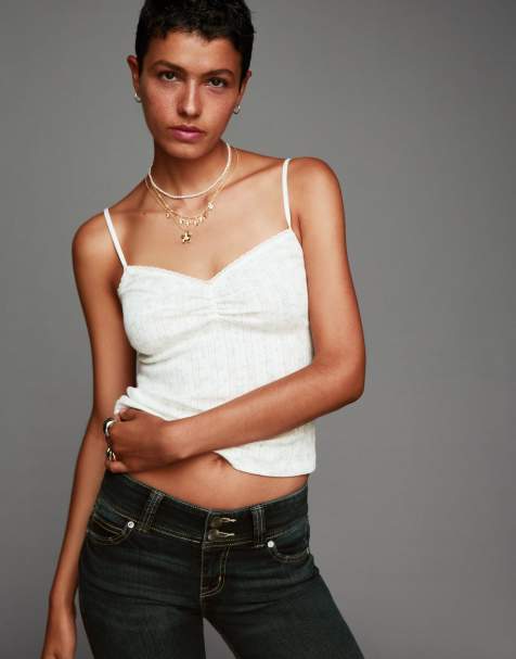 Bershka - Top imprimé à fines bretelles en maille pointelle - Blanc - view 1