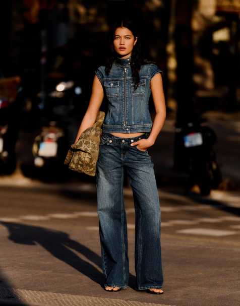 Bershka top in denim con zip blu - view 1