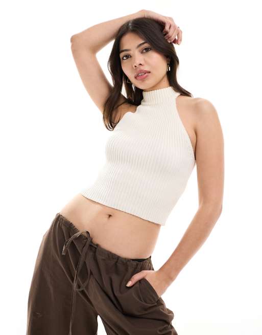 Bershka - Top in maglia allacciato al collo écru a coste
