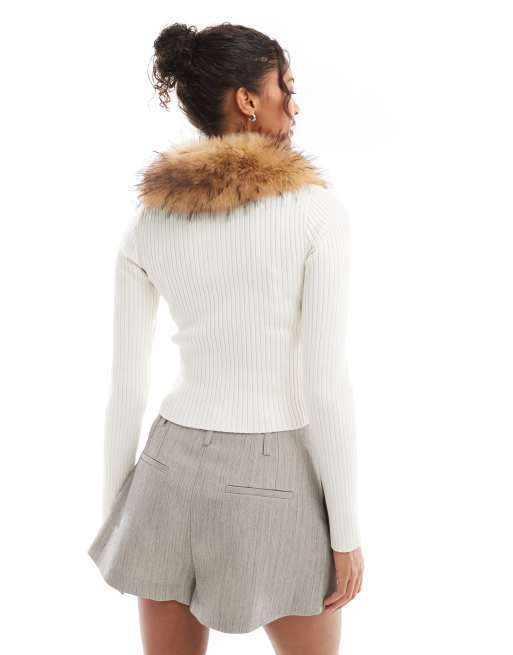 Bershka - Top in maglia écru con colletto in pelliccia sintetica e zip, 2 di 4