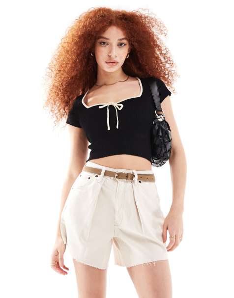 Bershka - Top in maglia nero con bordi a contrasto - view 1