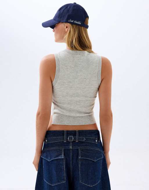 Bershka top in maglia senza maniche grigio chiaro, 3 di 5