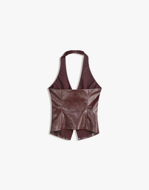 Bershka - Top in pelle sintetica allacciato al collo bordeaux con zip, 3 di 4