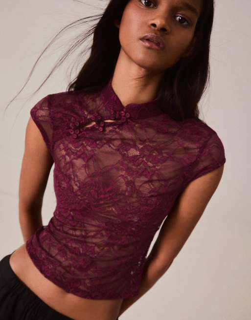 Bershka top in pizzo con chiusura a gancio bordeaux, 2 di 5