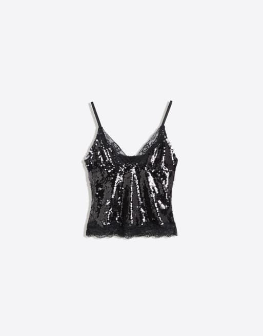 Bershka top in pizzo e paillettes con spalline sottili nero, 5 di 5