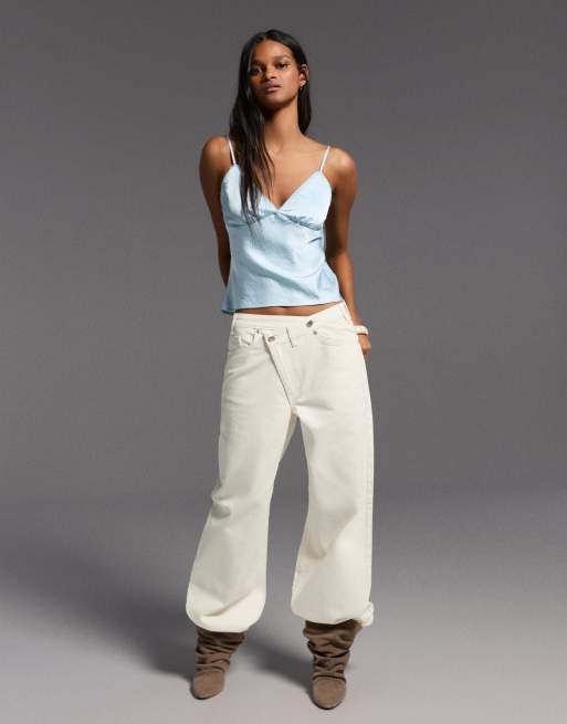Bershka - Top in rasatello giallo chiaro con finiture in pizzo, 3 di 4