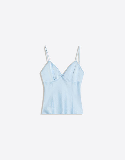 Bershka - Top in rasatello giallo chiaro con finiture in pizzo, 4 di 4