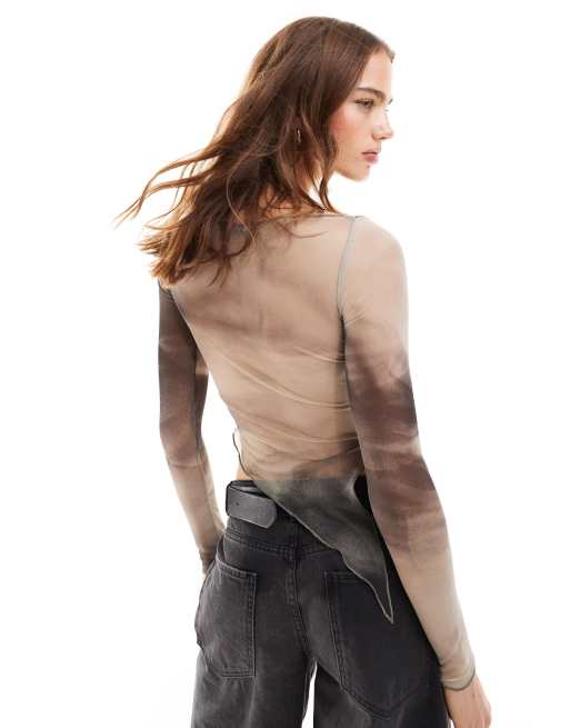 Bershka - Top in rete grigio sfumato con orlo asimmetrico, 4 di 4