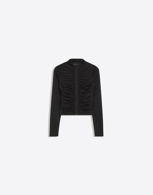 Bershka top in tulle arricciato a maniche lunghe nero, 6 di 6