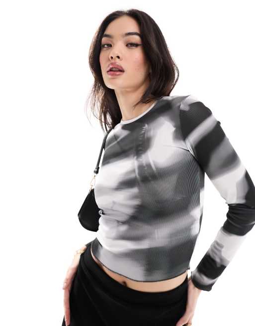 Bershka - Top manches longues en tulle à imprimé ville - Gris