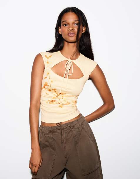Bershka top med print og slids i gul - view 1
