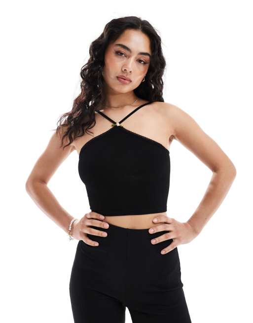 Bershka - Top met halternek en kanten rand in zwart