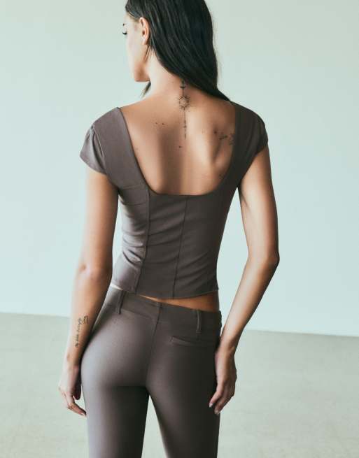Bershka top met korte mouwen en rits in bruin, 3 van 5