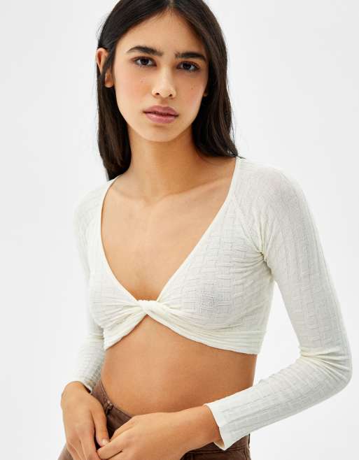 Bershka - Top met lange mouwen en gedraaide voorkant in ecru