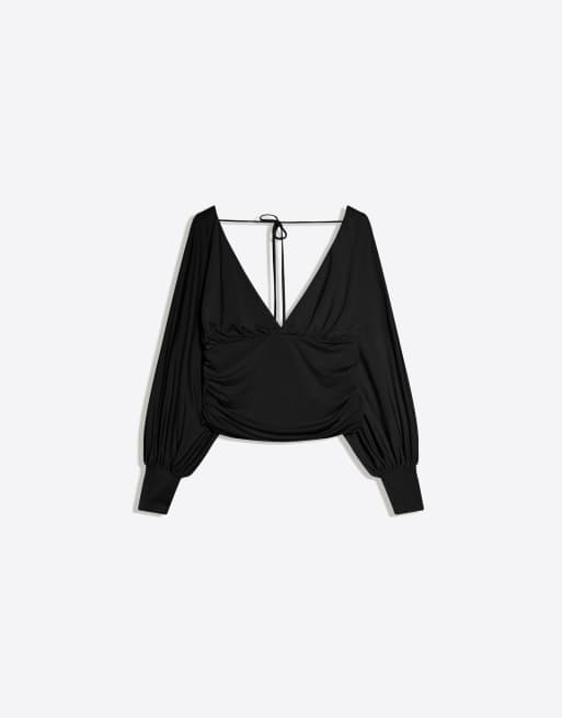 Bershka - Top met lange mouwen en rimpeleffect in zwart, 4 van 4