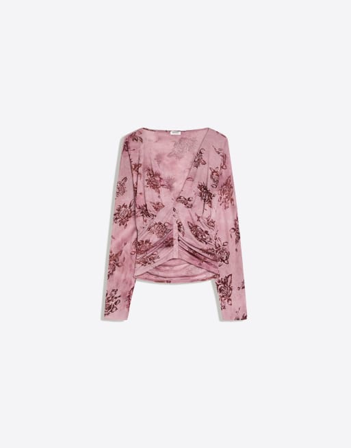 Bershka top met lange mouwen, gerimpeld en met flockprint in roze, 5 van 5