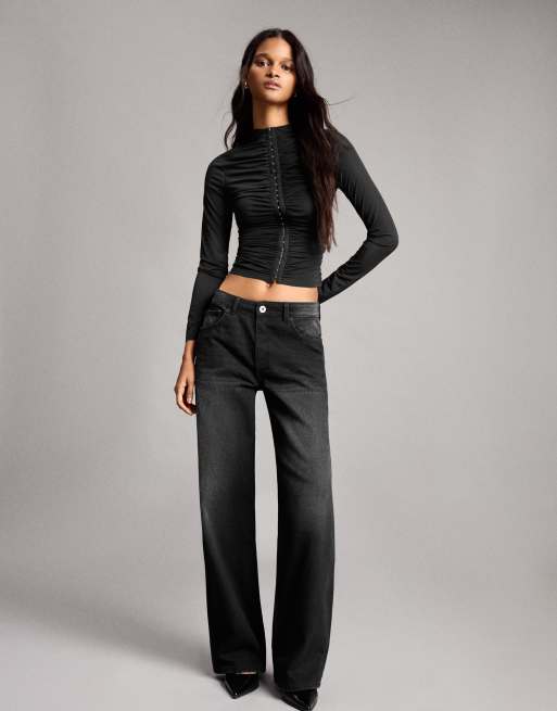 Bershka top met lange mouwen van gerimpelde tulle in zwart, 4 van 6
