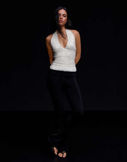 Bershka top met lovertjes en kant en halternek in ecru, 4 van 5