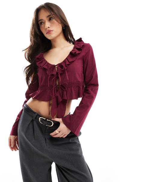 Bershka - Top met ruches in bordeauxrood - view 1