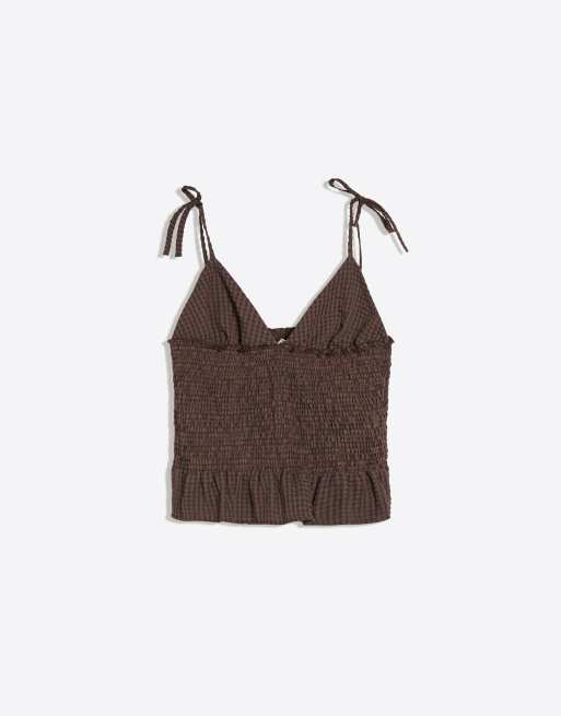 Bershka top met smokbandjes in bruin, 5 van 5