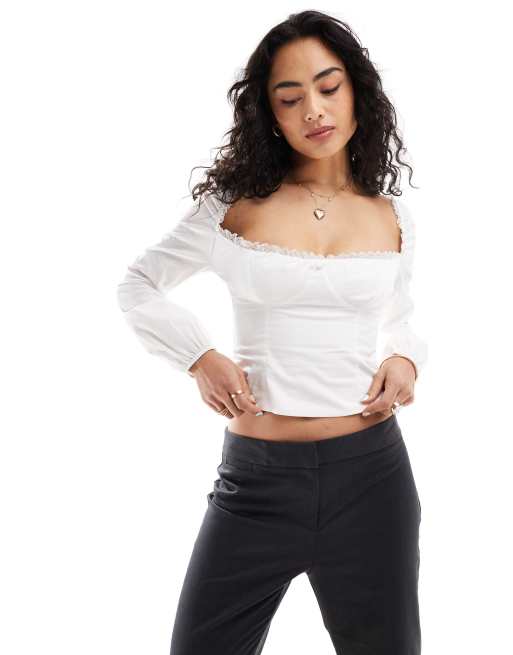 Bershka - Top milkmaid in cotone bianco latticello