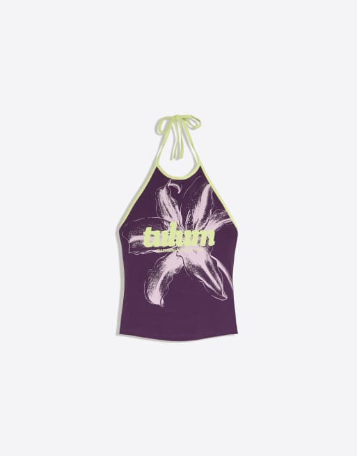 Bershka Top mit Neckholder und Kontrastprint in Lila, 5 von 5