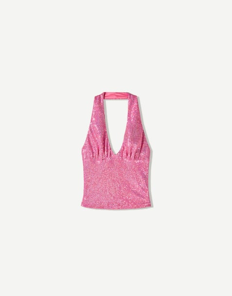 Bershka - Top rosa allacciato al collo con paillettes - view 1