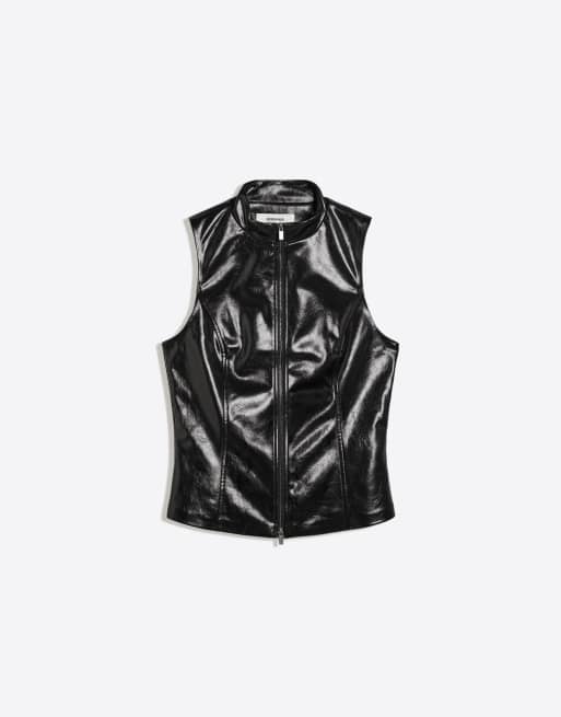 Bershka top sans manches à col montant effet cuir noir, 4 de 6
