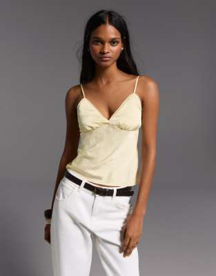 Top satiné à bordures dentelle - Jaune M