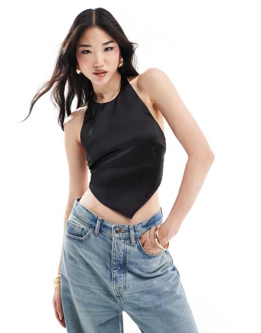 Bershka - Top satiné dos nu - Noir
