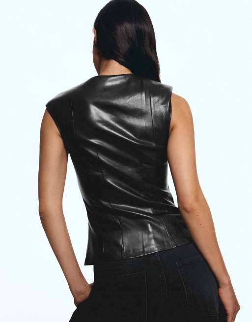 Bershka top senza maniche effetto pelle cut-out nero, 3 di 6