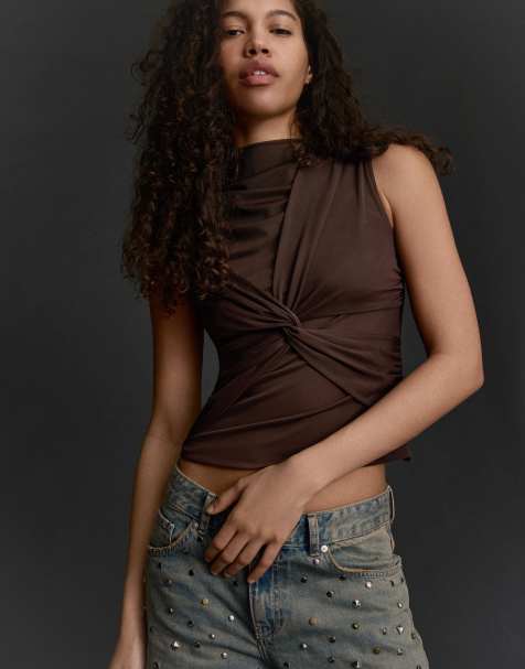 Bershka - Top senza maniche in tulle marrone - view 1