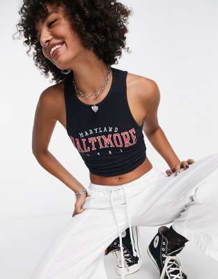Bershka baltimore slogan lace up back tank top in black - ASOS Price Checker