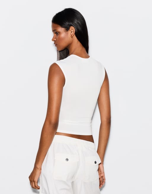 Bershka top stampato con spacco color ecru, 3 di 5