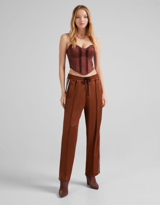 Bershka - Top stile corsetto marrone cioccolato con dettaglio in raso, 3 di 4