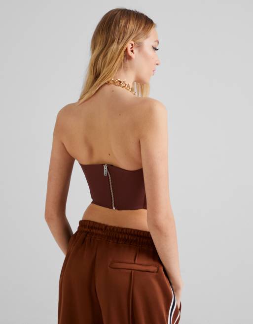 Bershka - Top stile corsetto marrone cioccolato con dettaglio in raso, 4 di 4