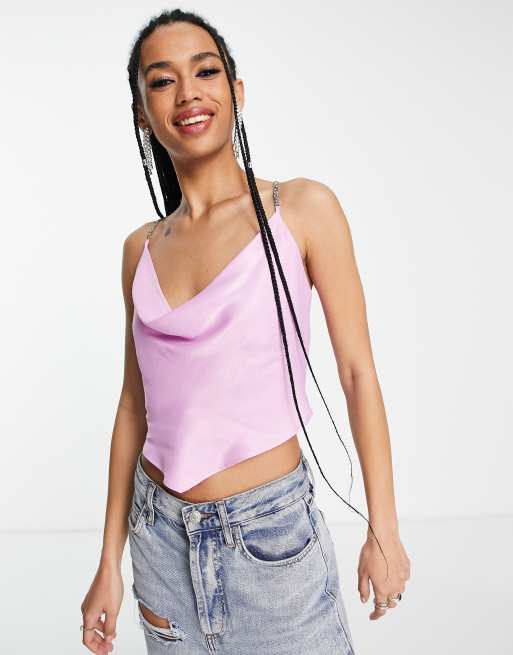Bershka - Top style années 90 à ourlet mouchoir et bretelles ornées de strass multicolores - Rose