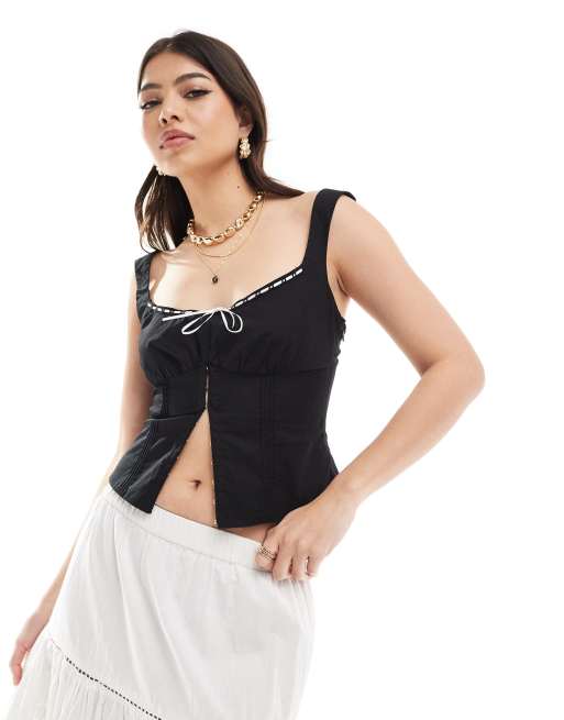 Bershka - Top style corset à ruban contrastant - Noir et blanc
