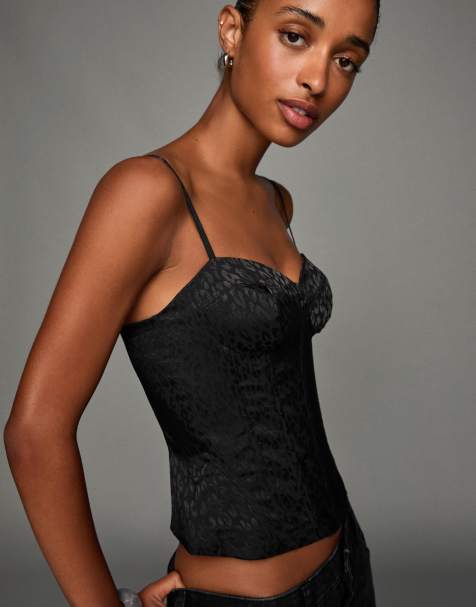 Bershka - Top style corset en jacquard - Noir - view 1