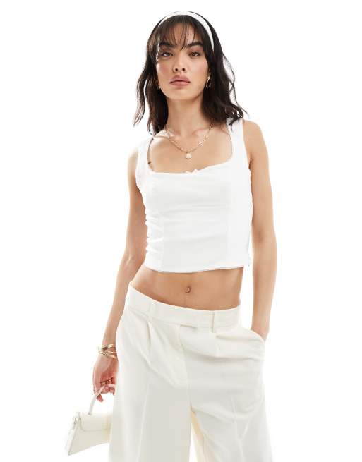 Bershka - Top tendance folk à encolure carrée - Blanc