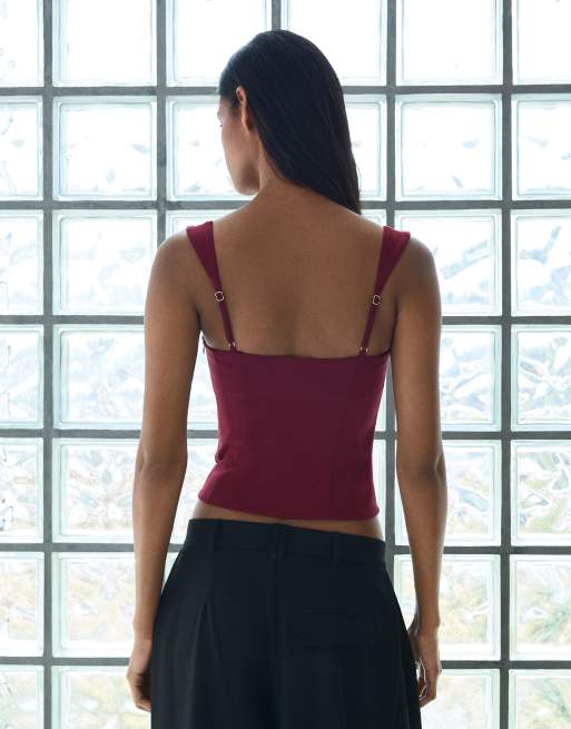 Bershka - Top van bengaline met bandjes in bordeauxrood, 3 van 5