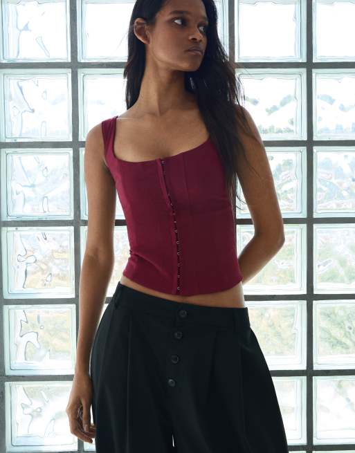 Bershka - Top van bengaline met bandjes in bordeauxrood, 4 van 5