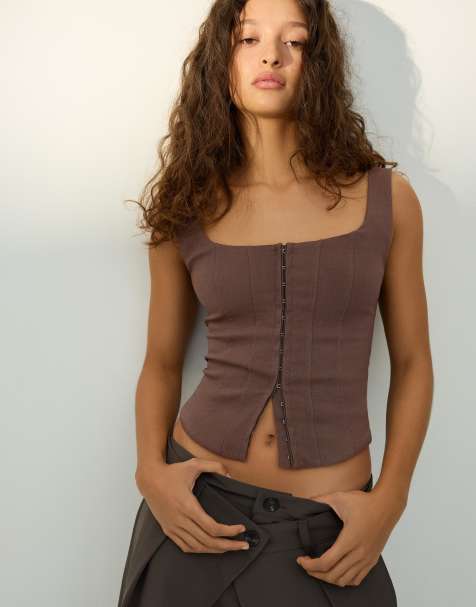 Bershka - Top van bengaline met bandjes in bruin - view 1