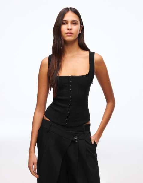 Bershka - Top van bengaline met bandjes in zwart - view 1