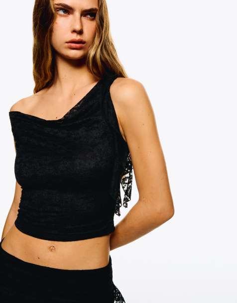 Bershka - Top van kant met ruches in zwart - view 1